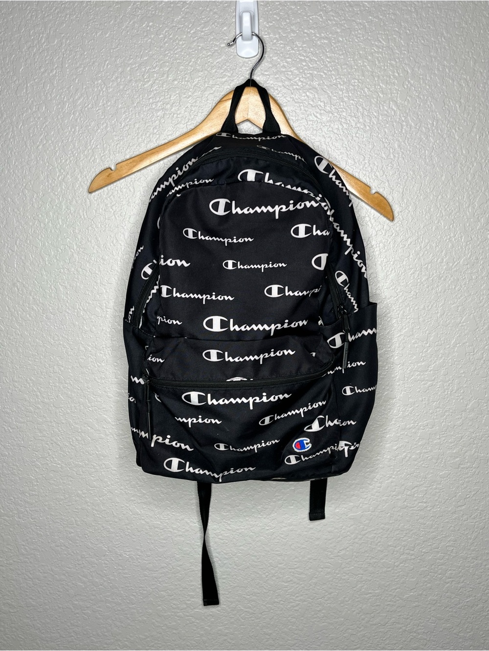 Champion All Over Logo Print Backpack Black White School Travel Gym Bag
